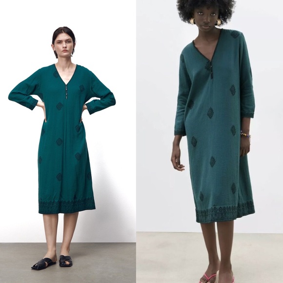 Zara NWT Green Printed Loose Fitting Long Sleeve Dress Large - Picture 4 of 14